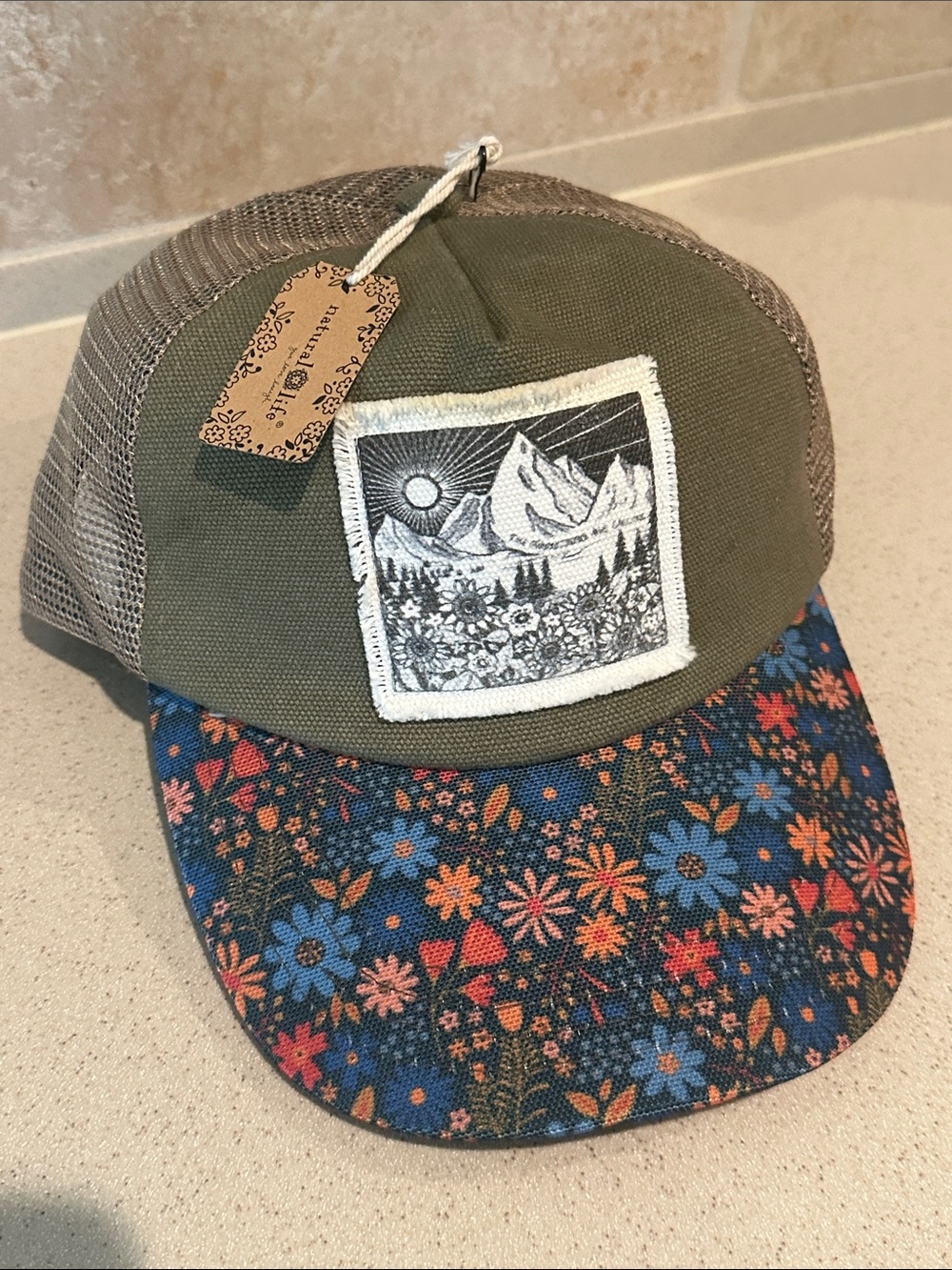 Natural Life Canvas Trucker Hat Mountains Floral Brim Olive Mesh Snapback NWT